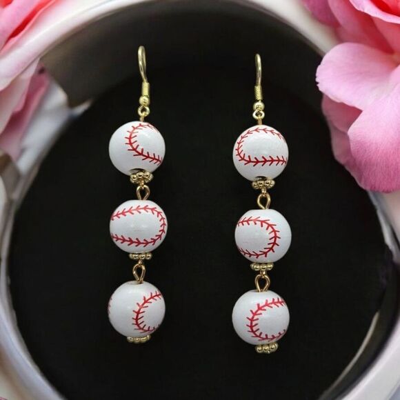 Baseball Charm Earrings Women's Round Wood Dangle Hook Jewelry Pierced Sport Fan - Picture 1 of 5